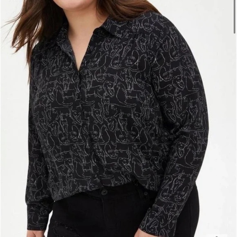 Torrid Madison Georgette White Cats Print Button-Up Long Sleeve Shirt